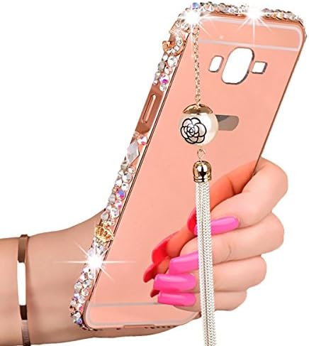 DStores For Samsung Galaxy On5 (2016) Case,J5 Prime Rose Gold Ultra-Thin Case,Bling Jewel Rock Crystal Mirror Electroplate PC Cover + Aluminum Metal Frame With Pearl Pendant Case