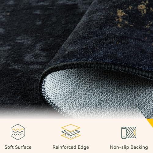 RELEANY Washable Area Rug 8'x10' Non-Slip Indoor Modern Abstract Low Pile Soft Carpet Rugs for Living Room Bedroom Home Entryway, Print Pattern, Dark Black Gold
