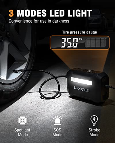 ROCGORLD R7 Digital Air Pump for Car Tires, 12V DC Tire Inflator Portable Air Compressor with Emergency LED Light, Max 150 PSI Auto Shut Off Air Compressor Portable for Car, Motorcycle, Bicycle, etc.