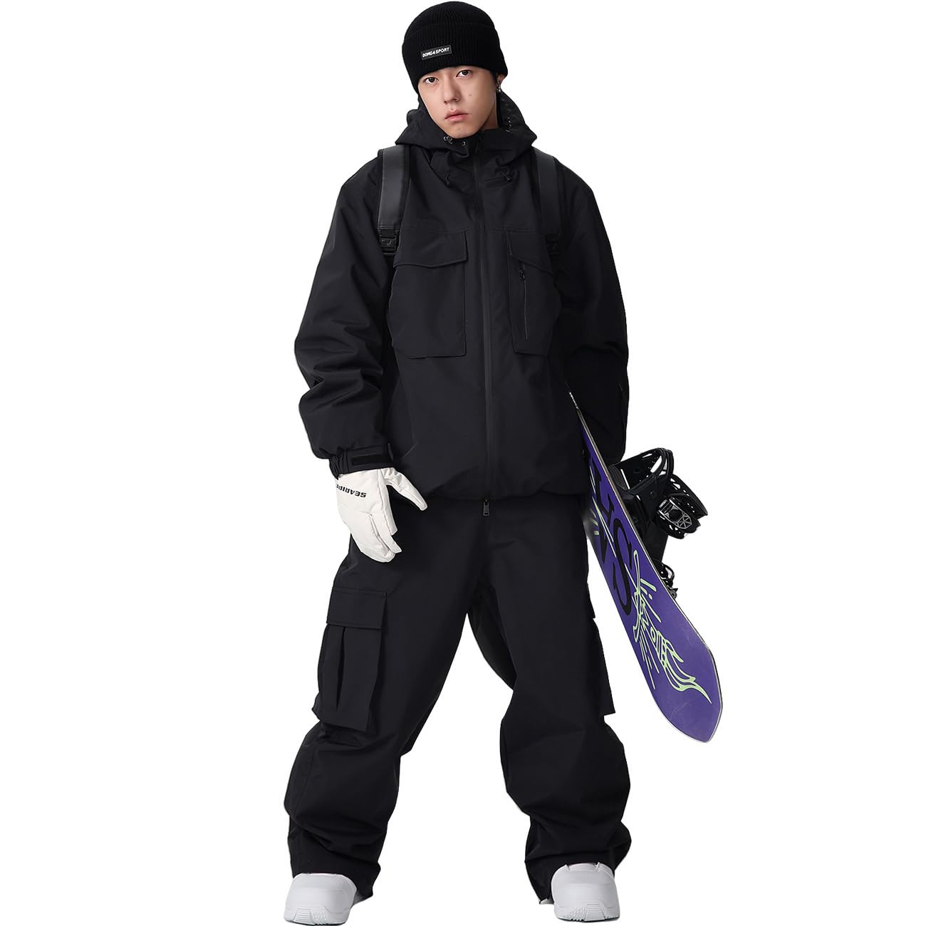 Photo 1 of Mens Ski Suit Supper Baggy Snow Suit Waterproof Snowsuit Insulated Ski Jacket and Pant Set Loose fit Snowboarding Outfit(653+608,BK,M)