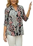 MICHEN Women Casual V Neck 3/4 Sleeve Cuffed Floral Printed Blouses Tops Size 4-20