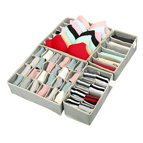 Zonyon Drawer Divider, Foldable Fabric Closet Organizer,Dresser Organizer,Storage Box,Room Organization for Underware,Bra,Ties,Belts,Socks,Tank Tops, Lingerie,Closet,Wardrobe,4 Sets, Grey