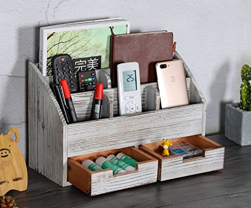 Superbpag Office Supplies Distressed Torched Wood Desk Organizer Vintage Rustic Wooden Pen Holder Mail Sorter Desk Accessories Stroage Caddy with Drawer, Brown