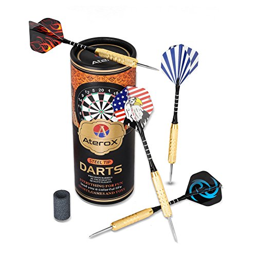 Darts Steel Tip Set (15 Pack) 18 Grams with Millstone Sharpener, 5 Set of Extra Flights, Aluminum Shaft, Brass Barrel and a Premium Storage Case, Perfect for All Levels Designed by Aterox