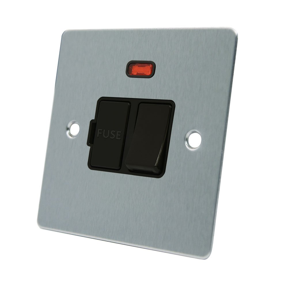 AET FSCSFNBL Satin Chrome Flat Spur w Black Insert Plastic Rocker Switch-13 Amp Switched Fused Connection Unit with Neon Indicator