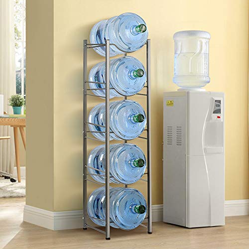 Water Jug Rack 5-Tier Water Cooler Bottle Holder Water Bottle Storage Rack 3-5 Gallon Detachable Heavy Duty Water Bottle Holder Shelf Save Space for Home Office Organization, Sliver
