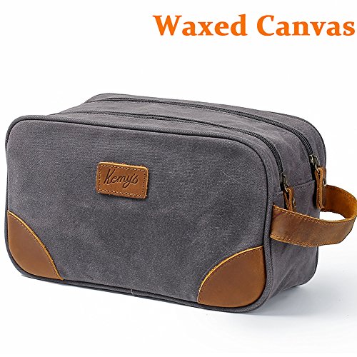 Kemy's Mens Toiletry Bag leather Canvas Toiletries Travel Bag Waxed Grooming Shaving Bags for Men Dopp Dob Dobb Kits Toilet Hygiene Bathroom Bag Double Compartment for Traveling Waterproof Gifts Gray