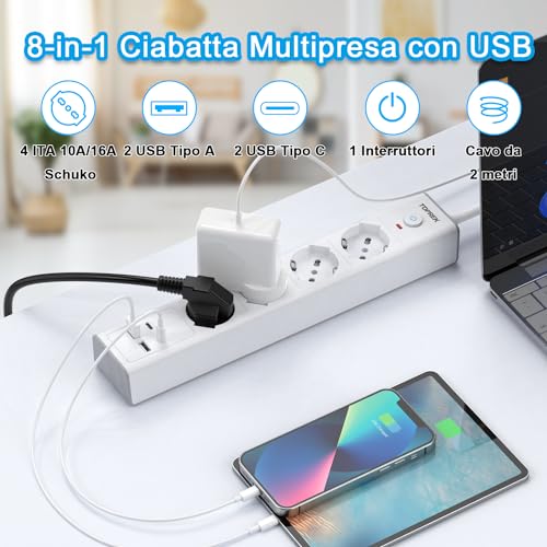 TOPREK Electrical Power Strip with 4 Universal Sockets ITA 10/16A and Schuko and 2 USB C and 2 USB A, 2 Metres 90° Elbow Plug, 4000W/16A, Multi Socket with Switch (Equipped with 2 Plastic Ties)
