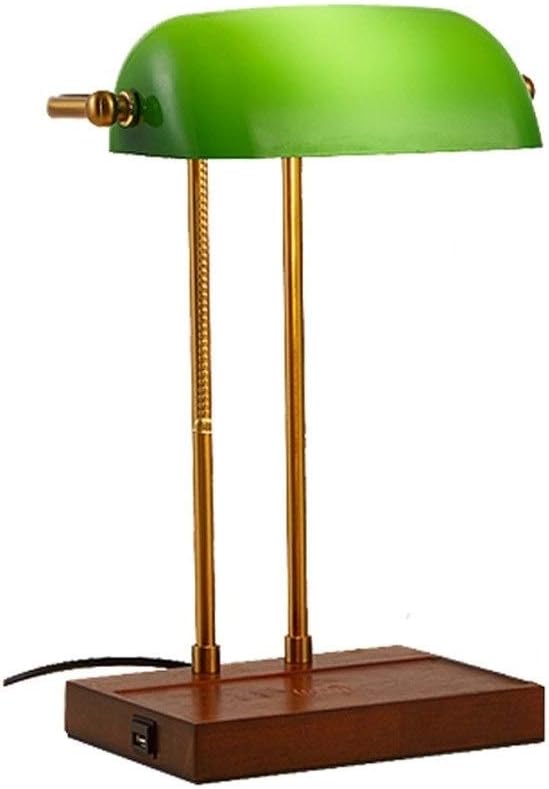 CHSXLL Table lamp- LED Wireless Charging Desk Lamp, Banker Lamp Supporting Wireless Charging, Emerald Green Glass Adjustable (Angle) Lampshade, Copper Color Lamp Body (Height Adjustable) (Color : C)
