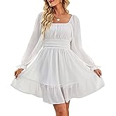 ZAFUL Women's Square Neck Off Shoulder Tie Back Long Lantern Sleeve Ruffle Short Dress A-Line Mini Dress