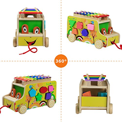 Wooden Toys Pull Cars Xylophone Knock Musical Instruments Animal Xylophones 8 Keys with 2 Mallets 10 Shape Blocks for Kids Toddlers Girls Boys 3 4 5 Years