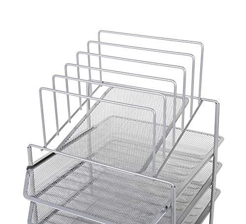 Exerz Desk Organizer Wire Mesh 3 Layer Sliding Letter Trays with 5 Upright Sections/Dividers/Paper Sorter/Desk Multifunctional File Holder Filing Shelves for Office, School Silver (EX2428-SLV)
