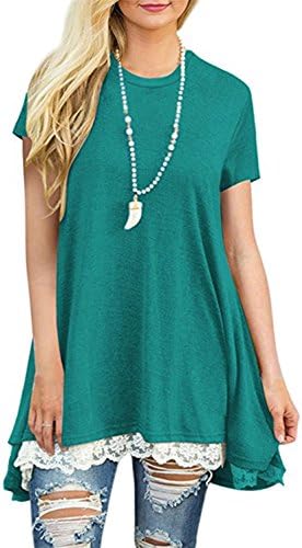 WEKILI Women's Tops Short Sleeve Lace Scoop Neck A-line Tunic Blouse S-Turquoise M/US 8-10