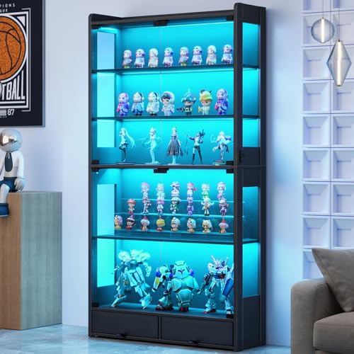 ROCHECASA Display Cabinet with Glass Door 69''H, 6-Tier Display Case for Collectibles with LED Lights and Drawers, Showcase, Freestanding Curio Cabinet, Tall Storage Shelves, Black, DC001-BK100