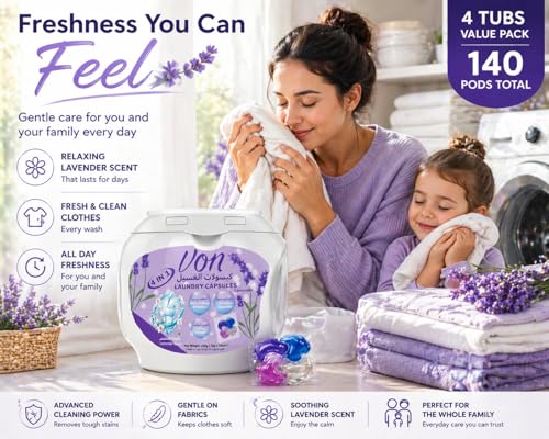 VON 4 in 1 Laundry Pods 35 Count Pack of 4 – 140 Pods Total | Powerful Laundry Detergent Liquid Capsules with Deep Clean, Stain Removal, Softener, Color Protection & Long Lasting Lavender Freshness