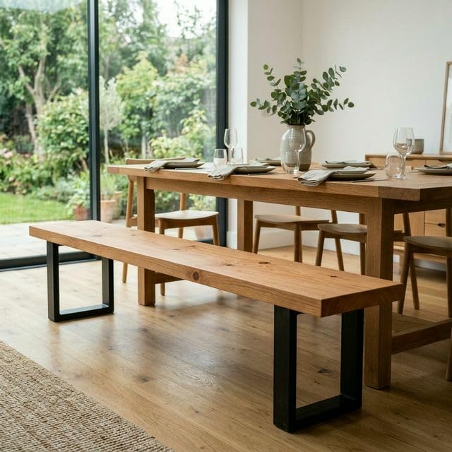 CASA FERRO Elegante Banca Exterior Resistente de Madera Maciza y Metal. Pie de Cama King Size, Comedor, Terraza, Jardín. Estilo Moderno Minimalista. (Tono Olmo XG 2.00 m)