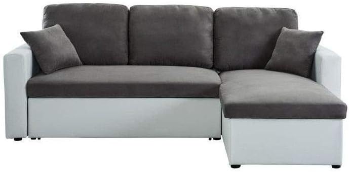 Aspen Canape Dangle Reversible Convertible 4 Places Simili Et Tissu Blanc Et Gris Classique L 223 X P 150 Cm