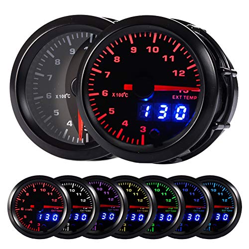 HOTSYSTEM Double Vision 7 Color Pyrometer Exhaust Gas Temperature EGT Gauge Kit 300 to 1300 Celsius Pointer & LED Digital Readouts 2-1/16" 52mm Black Dial for Car Truck
