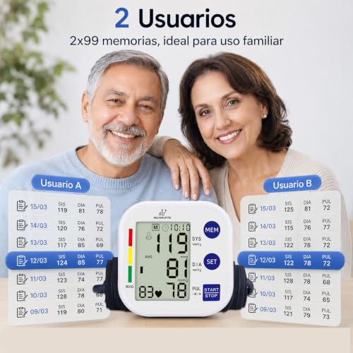 MUINAIFTE Baumanómetro Digital Monitor de Presión Arterial（Blanco） | Brazalete Ajustable 22-36 cm，Baumanómetro Digital con Indicador de Voz Pantalla LCD Grande con Función de Memoria