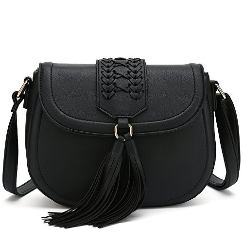 Saddle Bag With Tassel Crossbody Purses For Women Small Ladies Designer Handbag (Black)