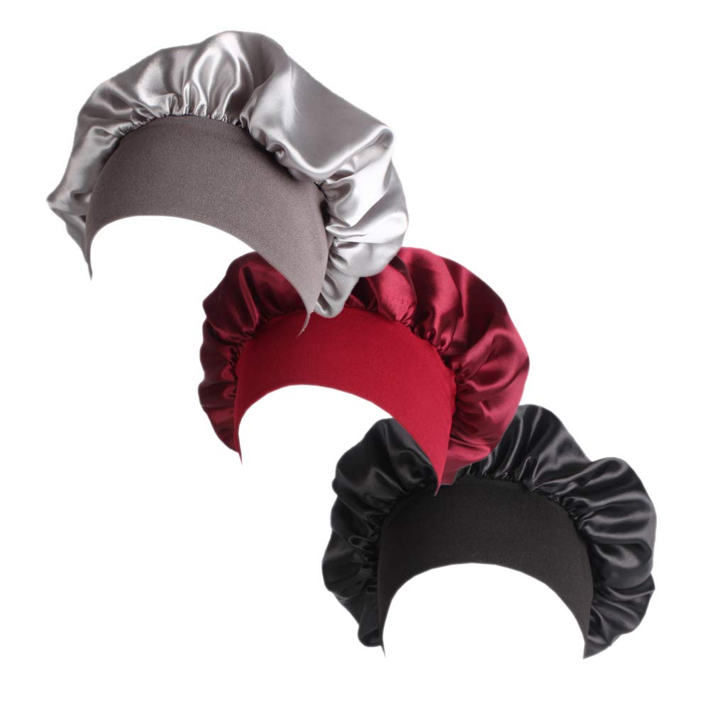 Satin Bonnet Sleep Hair Cap Large Shower Hat with Elastic Soft Band Silk Sleeping Head Cover Silky Hair Protection for Women Curly Hair- 3pcs