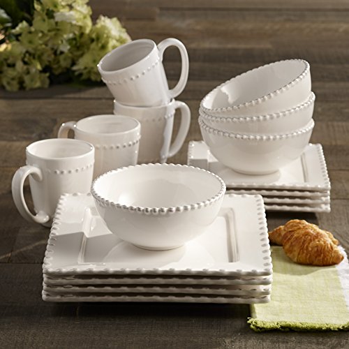 American Atelier Bianca Bead Square 16-Piece Dinnerware Set, White