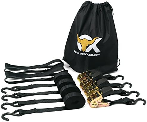 Ratchet Strap Tie Down Set (4 pack) + 4 Free Webbing Loops &amp; Drawstring Bag | The 15 ft Black OxStrap by OxBound