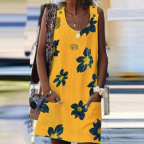 Women Boho Tunic Mini Dress, Lady Summer Strap Round Neck Button Printed Shift Beach Sundress with Pockets (X-Large, Yellow)