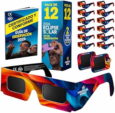 12 óculos ISO 12312-2 aprovados para eclipse solar - Pack de 12 com 2 lentes fotográficas para smartphone aprovados segundo a norma ISO, com certificação CE: Óculos para ver eclipses solares 2026