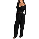 Bornpom Lounge Sets for Women 2 Piece Outfit Ruched Long Sleeve Crop Top and Wide Leg Pants Matching Set
