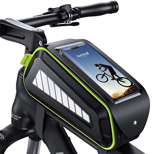 Lamicall Waterproof Bike Frame Bag - [Linkage Zipper] 2023 Bicycle Phone Bag with Reflective Strip, 1.8L Capacity Top Tube Bag for Mountain Bike Cycling, TPU Touch Screen for Mobile Phones up to 7”
