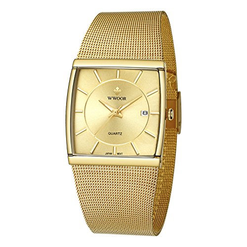 Wwoor Stainless Steel Mesh Band Analog Quartz Date Dress Watch Waterproof Luminous Square Watches Gold