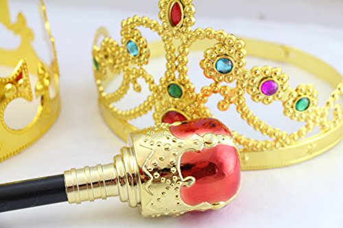 WellPackBox 4 Pack 2 Crowns And 2 Sceptors King Queen Party Costume Plastic Crown Gold, King Royal Kids Adults Birthday Party Hats Dress Up Costumes Props & Sticker - Thumbnail 5