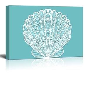 Canvas Wll Art - Seashell with Beautiful Pattern on Teal Background - Giclee Print and Stretched Gallery Wrap | Modern Home Art Ready to Hang - 12"x18"