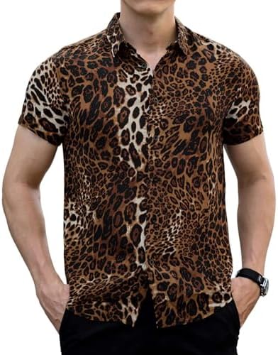 WDIRARA Men's Leopard Animal Print Mock Neck Long Sleeve Fitted