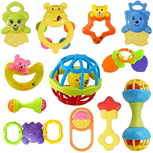 WISHKEY Colorful Non Toxic BPA Free 9 Rattles and 3 Teethers Toys Set