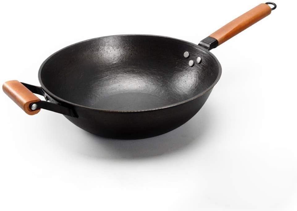 WSXMLA Non-Stick Iron Wok with Wood Handle Handmade Flat Bottom Pre-Seasoned Uncoated Pow Wok and Iron Wooden Helper Handle 12.6 Inch