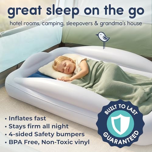 Hiccapop Inflatable Toddler Travel Bed with Safety Bumpers [4-Sided] | Portable Toddler Bed for Kids | Toddler Air Mattress | Kids Air Mattress - Navy Blue