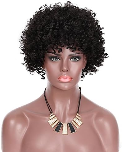 Wigs for Black Women, YOURWIGS Short Curly Afro Wigs with Bangs Black Kinky Synthetic Hair Wig with Wig Cap Z089