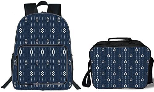 iPrint 19" School Backpack & Lunch Bag Bundle,Geometric,Nature Flower Pattern with Connecting Dots Blossoming Floral Arrangement,Dark Blue Cream,for Boys Girls