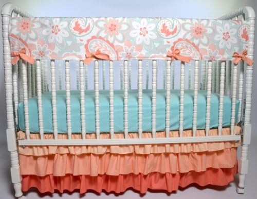 Lavender Linens Three Piece Bumperless Crib Bedding In Coral, Gray and Aqua/Mint