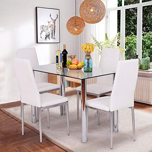 JOYBASE 5 Piece Dining Table Set, Tempered Glass Top Table with 4 Leather Chairs, Kitchen Dining Room Furniture, White
