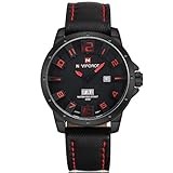 NAVIFORCE Original Genuine Leather Quartz Date Week Waterproof Sport Men Watch 9061 Black Red