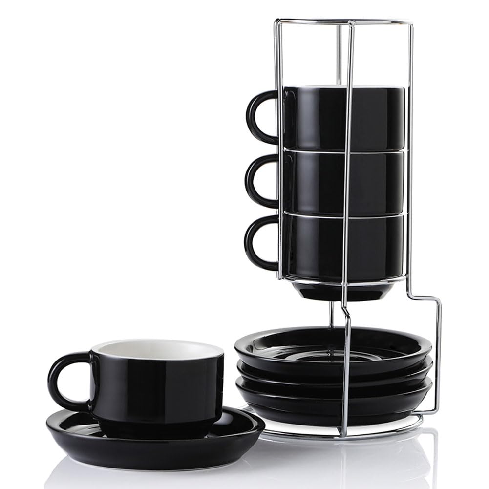 Sweejar Home Ceramic Espresso Cup Set of 4, 120ml Stackable Cappuccino Cups with Saucers and Metal Stand, Porcelain Mug for Coffee Drinks, Latte, Tea (Black) — image 1