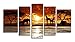Yin Art 5-Panel Split Canvas Print-African Sunset Landscape with Wild Animals Giraffes Elephants-Framed Wall Art Ready to Hang