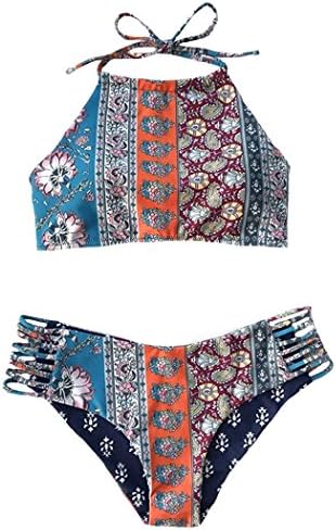 Rubylong Women"s Printed High Neck Bikini Sets Cut out Two Piece Swimsuit,S(US Size 4-6),Multi-color