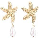 Gold Starfish Pearl Earrings for Women Hawaiian Earring Starfish Dangle Earrings Hypoallergenic 14K Gold Plated Sea Star Earrings Beach Summer Holiday Ocean Jewelny - Size 2.25"L x 1.1"W