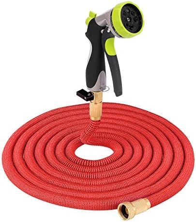 50ft Red Expanding Water Hose Strongest Expandable Garden Hose with Double Latex Core Solid Brass Connector Durable Fabric Textile for Car Garden with 8 Function Hose Nozzle