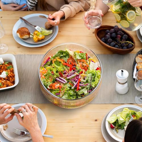 SLEEPHEAD® Extra Large Glass Salad Bowl with Natural Acacia Wood Base, Ribbed Design Oversized Capacity for Family Dinners, Parties, Multipurpose for Serving Salads, Fruits, Wine