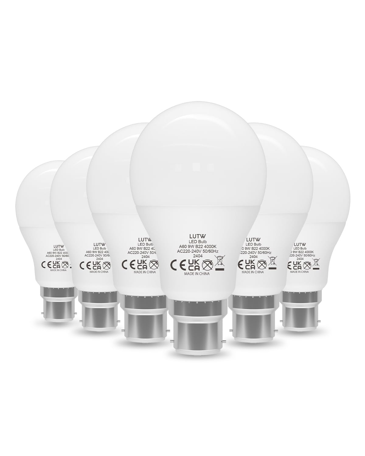 LUTW Bayonet Light Bulb, 60W Equivalent, Neutral White 4000K, 9W 900LM B22 LED Bulbs, BC A60 GLS Energy Saving LED Light Bulbs, Non-dimmable, Pack of 6
